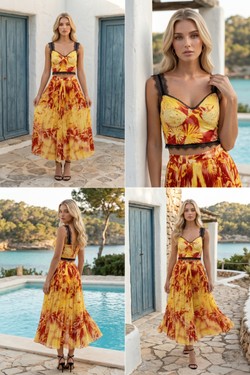 Ensemble Bleu Turquoise & Orange - Crop Top Bustier Dentelle & Jupe Midi Plissée Palmier 6213-BLEU