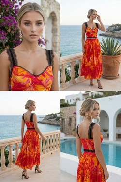 Ensemble Bleu Turquoise & Orange - Crop Top Bustier Dentelle & Jupe Midi Plissée Palmier 6213-BLEU