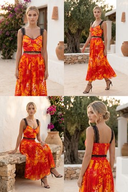Ensemble Bleu Turquoise & Orange - Crop Top Bustier Dentelle & Jupe Midi Plissée Palmier 6213-BLEU