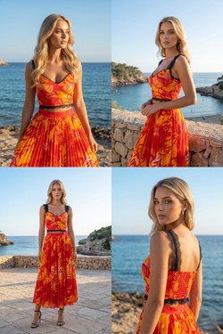 Ensemble Bleu Turquoise & Orange - Crop Top Bustier Dentelle & Jupe Midi Plissée Palmier 6213-BLEU