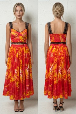 Ensemble Bleu Turquoise & Orange - Crop Top Bustier Dentelle & Jupe Midi Plissée Palmier 6213-BLEU