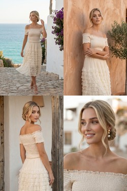 Robe Midi Évasée à Volants et Bustier Froncé 6021-CRÈME