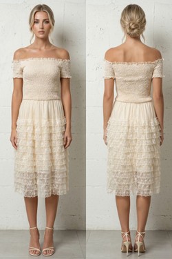 Robe Midi Évasée à Volants et Bustier Froncé 6021-CRÈME