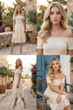 Robe Midi Évasée à Volants et Bustier Froncé 6021-CRÈME