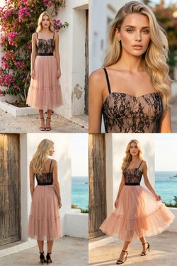 Robe Midi Cocktail Bustier Dentelle & Jupe Tulle 6332-NUDE