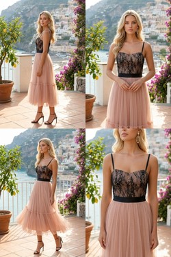 Robe Midi Cocktail Bustier Dentelle & Jupe Tulle 6332-NUDE