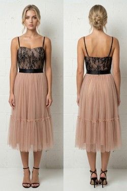 Robe Midi Cocktail Bustier Dentelle & Jupe Tulle 6332-NUDE