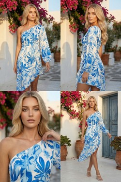 Robe Maeva – Épaule Dénudée & Volants Drapés 6367-BLEU