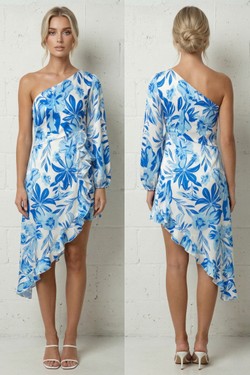 Robe Maeva – Épaule Dénudée & Volants Drapés 6367-BLEU
