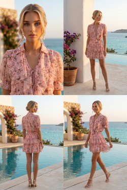 Ensemble Livia – Top Volanté & Jupe Fleurie Rose 6385-ROSE