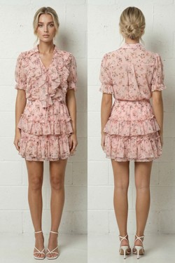 Ensemble Livia – Top Volanté & Jupe Fleurie Rose 6385-ROSE