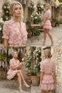 Ensemble Livia – Top Volanté & Jupe Fleurie Rose 6385-ROSE
