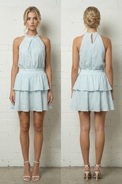 Ensemble Nacre – Top Halter & Jupe à Volants, Bleu Pastel 6578-BLEU
