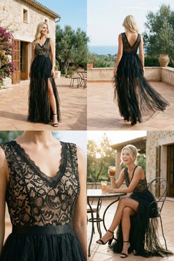 Robe Nocturne – Tulle Vaporeux & Corsage Dentelle Sombre 6526-NOIR