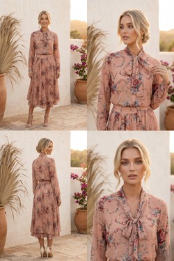 Ensemble Flora – Duo Blouse Lavallière & Jupe Midi Plissée 6582-ROSE