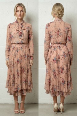 Ensemble Flora – Duo Blouse Lavallière & Jupe Midi Plissée 6582-ROSE