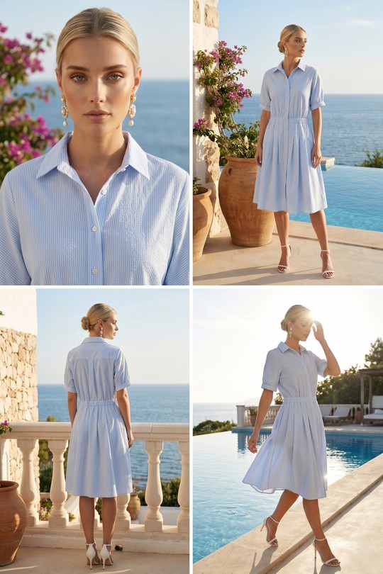 Robe Chemise Mi-Longue Bleu Ciel Rayée Manches Courtes 6527-BLEU