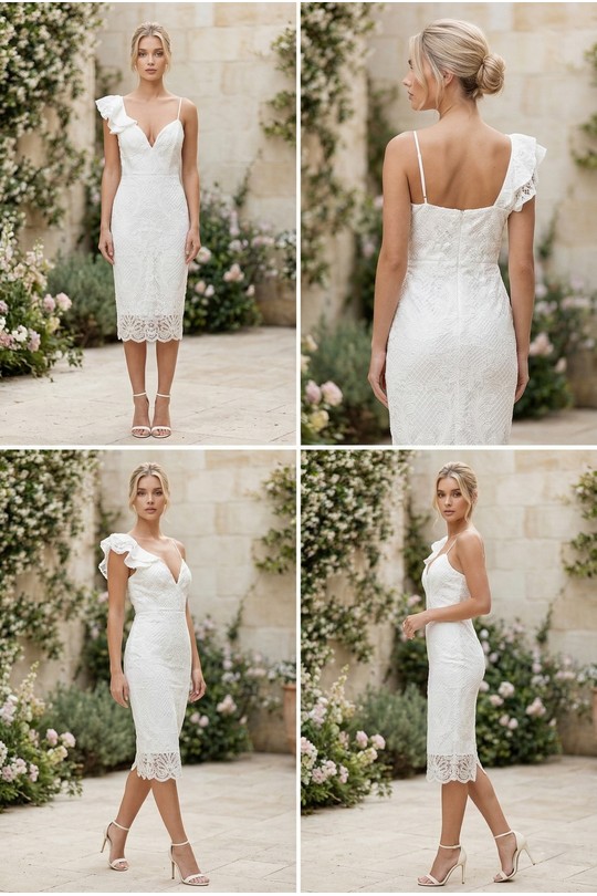 Robe Midi Blanche Dentelle Bretelle Asymétrique Volantée 6505-BLANC