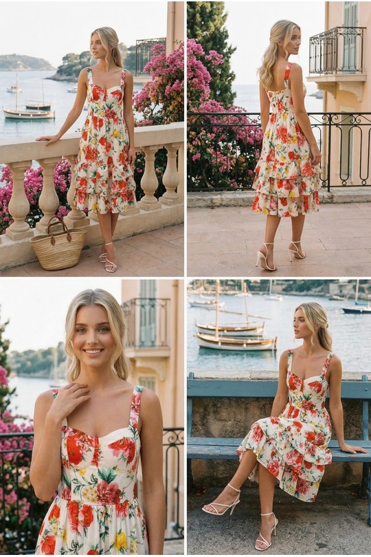 Robe Midi Imprimé Floral Rouge et Jaune - Estivale et Pétillante 5393-ROUGE