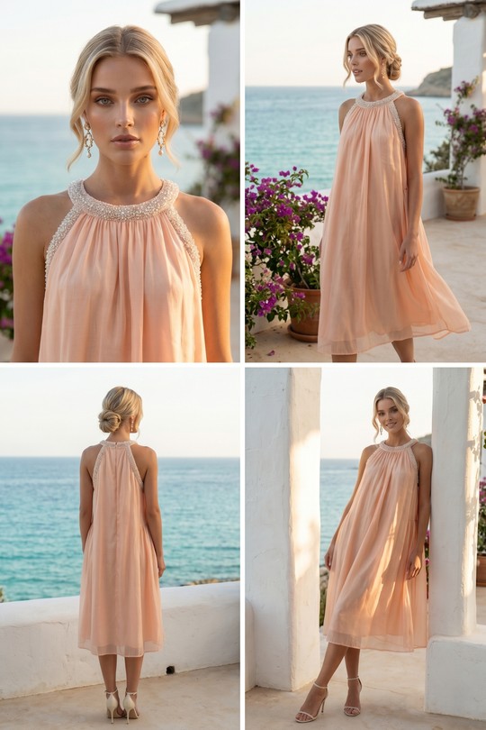 Robe Midi Bohème Rose Pâle Fluide Encolure Ornée Perles 6577-SAUMON