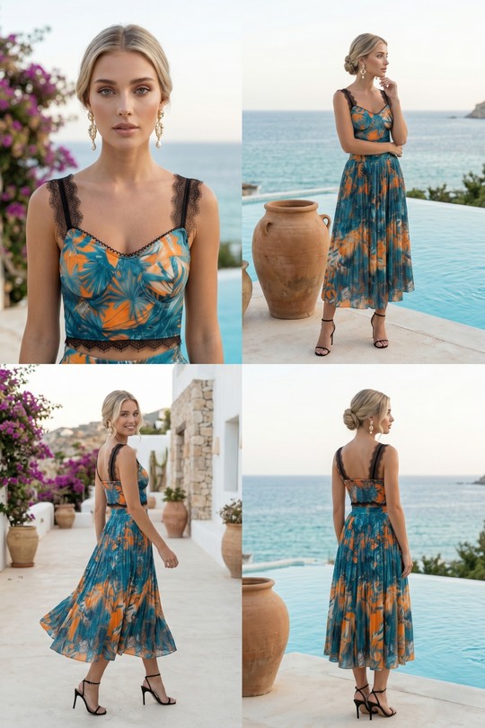 Ensemble Bleu Turquoise & Orange - Crop Top Bustier Dentelle & Jupe Midi Plissée Palmier 6213-BLEU