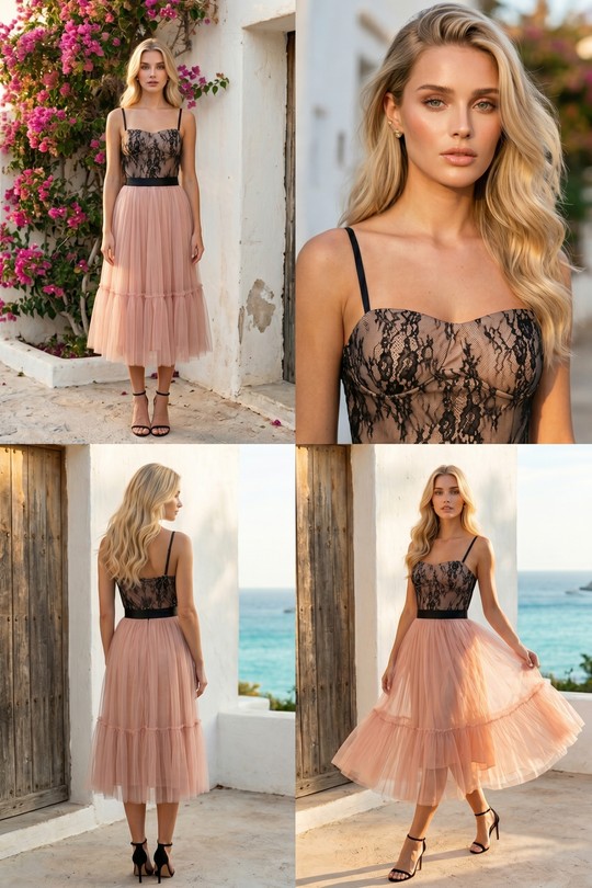 Robe Midi Cocktail Bustier Dentelle & Jupe Tulle 6332-NUDE