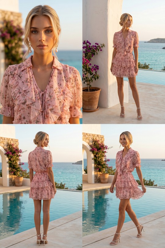 Ensemble Livia – Top Volanté & Jupe Fleurie Rose 6385-ROSE