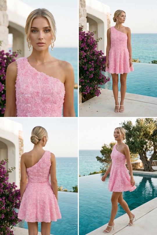 Robe Pétale – Rose Bonbon & Épaule Asymétrique 6512-ROSE