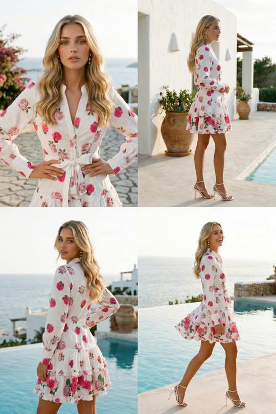 Robe Inès – Éclat de Roses & Coupe Chemisier Ceinturée 6290-BLANC