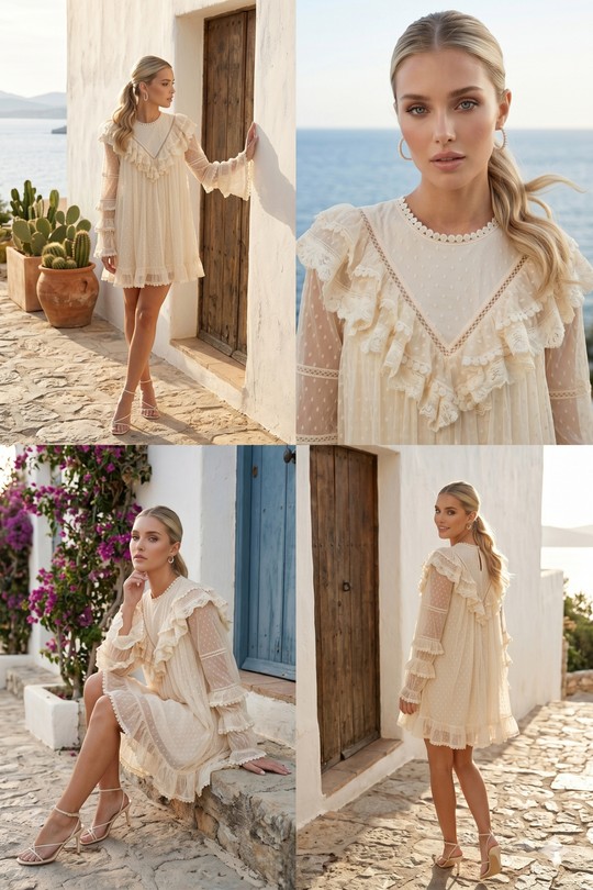 Robe "Romance" – Crème & Volants Plumetis 6619-CRÈME