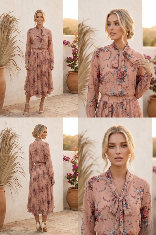 Ensemble Flora – Duo Blouse Lavallière & Jupe Midi Plissée 6582-ROSE
