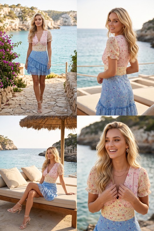 Robe Courte Florale Patchwork à Volants 6102-PETITES FLEURS