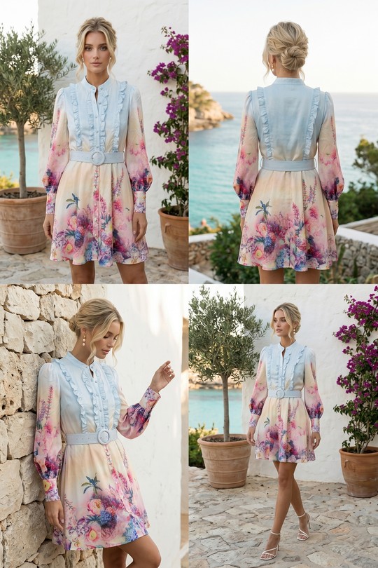 Robe Courte Chemise Imprimé Floral Pastel avec Ceinture 6355-GROSSES FLEURS