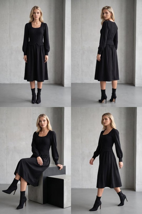 Robe mi-longue noire en maille torsadée & encolure carrée 551-NOIR