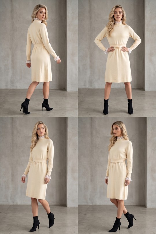 Robe col montant crème avec détails dentelle & ceinture 553-CRÈME