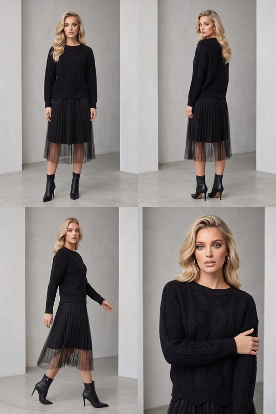 Ensemble 2 pièces pull torsadé noir & jupe tulle plissée 1930-NOIR