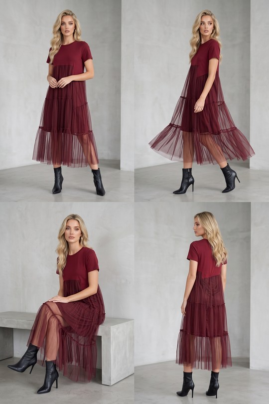 Robe bimatière t-shirt & tulle asymétrique bordeaux 2612-BORDEAUX