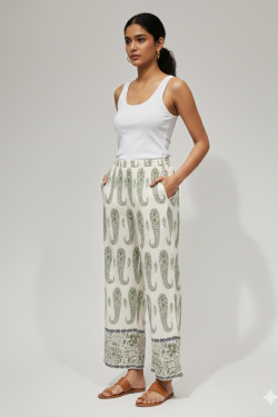 PANTALON FLUIDE IMPRIMÉ CACHEMIRE  PAB522-OLIVE