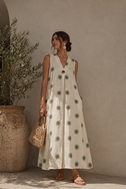 Robe Fluide Imprimé Soleil – Élégance Naturelle Sunset-BRUN