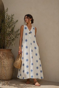 Robe Fluide Imprimé Soleil – Élégance Naturelle Sunset-BRUN