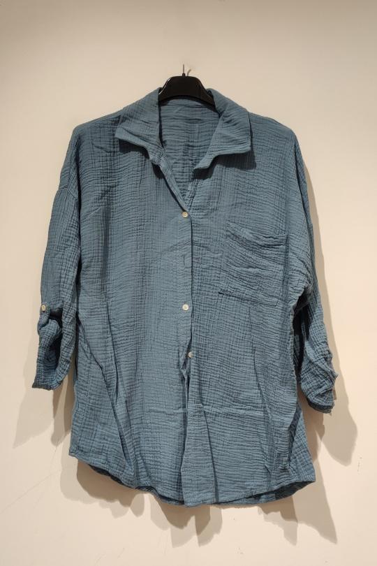 GAS DE COTON CHEMISE MANCHES 3/4 - PE25-BLEU JEAN