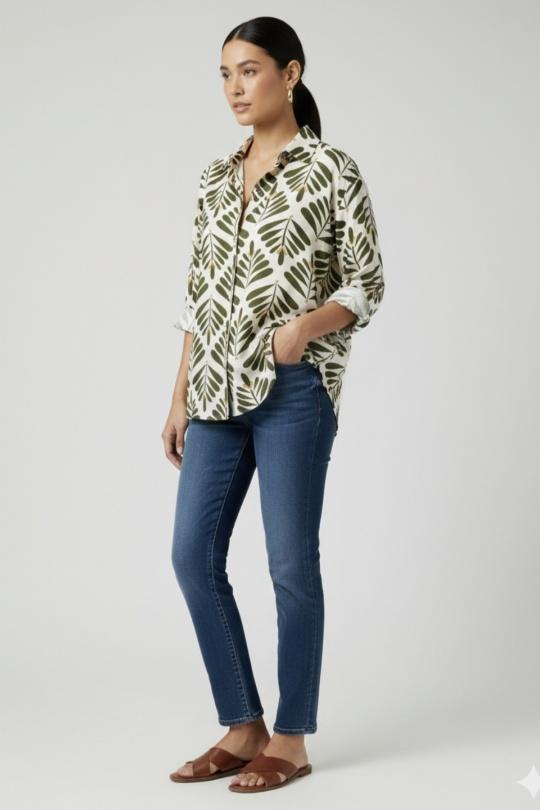 CHEMISE IMPRIMÉE FEUILLAGE – STYLE BOHÈME PAB526-OLIVE