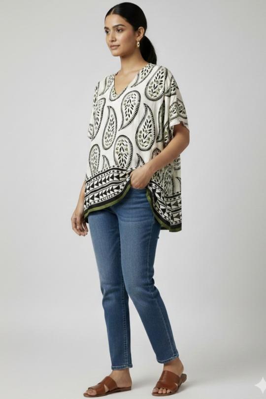 BLOUSE BOHÈME IMPRIMÉE CACHEMIRE PAB519V-OLIVE