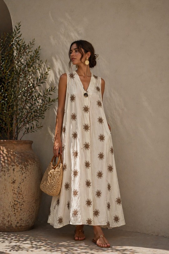Robe Fluide Imprimé Soleil – Élégance Naturelle Sunset-BRUN