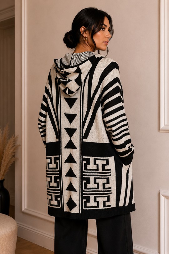 82101 Gilet géométrique à capuche-BLANC