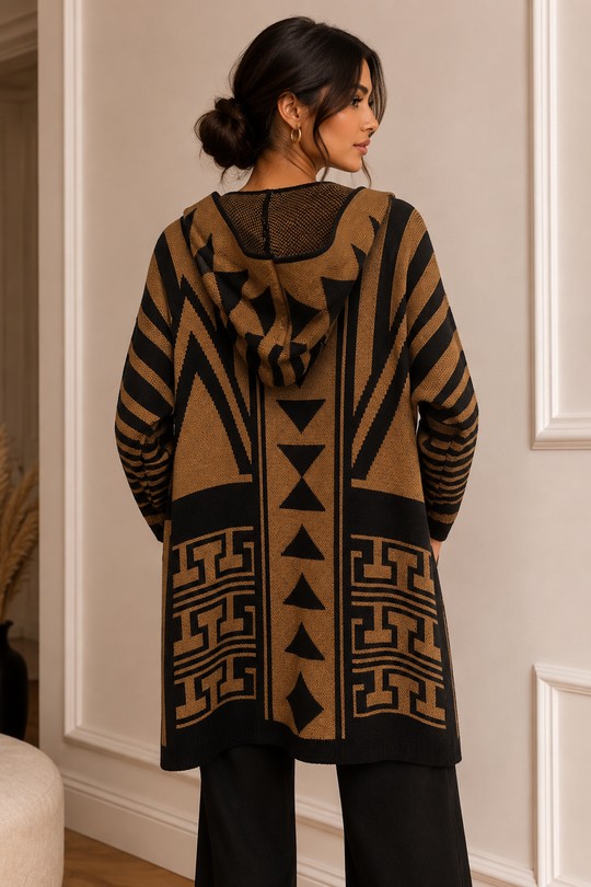 82101 Gilet géométrique à capuche-CAMEL