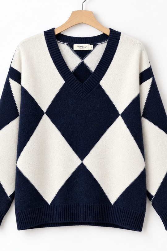 Pull Femme Col V en Maille Graphique-MARINE