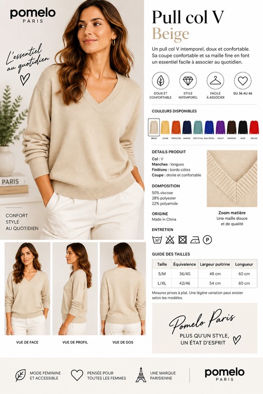 Pull col V en maille fine VB8010-BEIGE