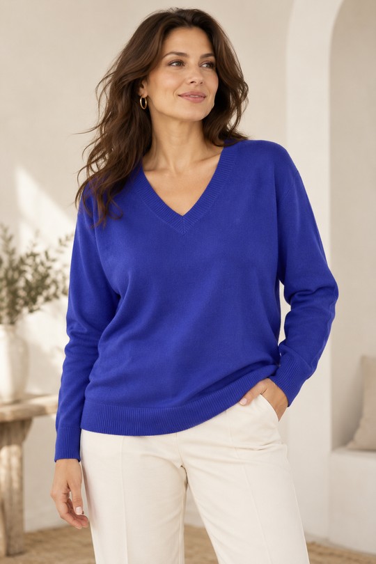 Pull col V en maille fine VB8010-BLEU ROI