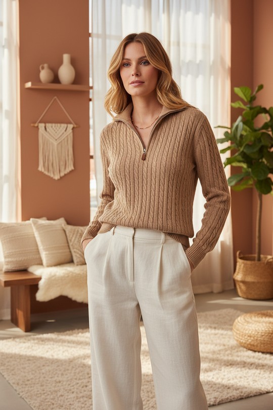 Gilet en maille torsadée zippé - GO2668812-BEIGE